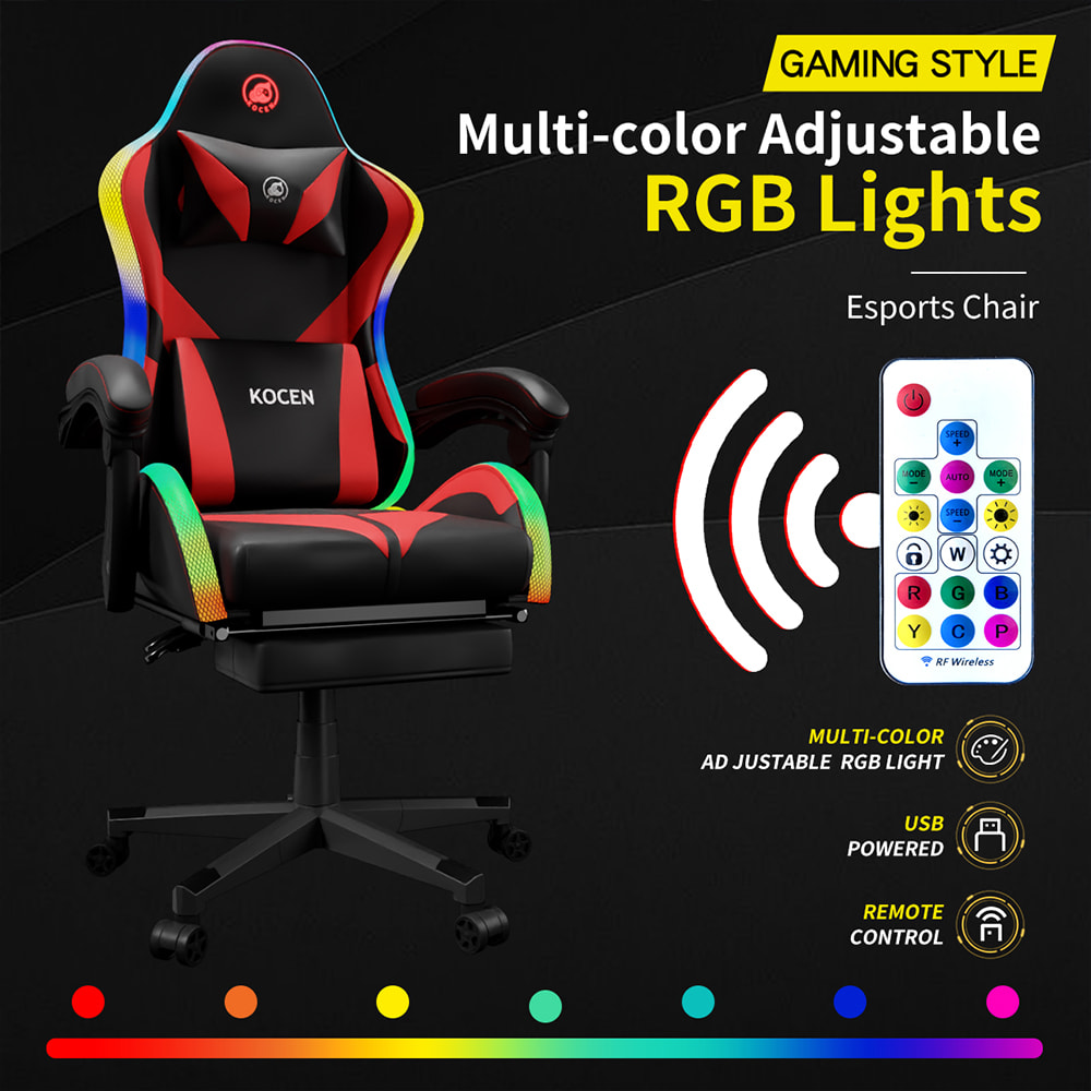 PU bőrszövet játékszék, Esports szék több színben állítható RGB világítással, USB tápellátás, távirányító