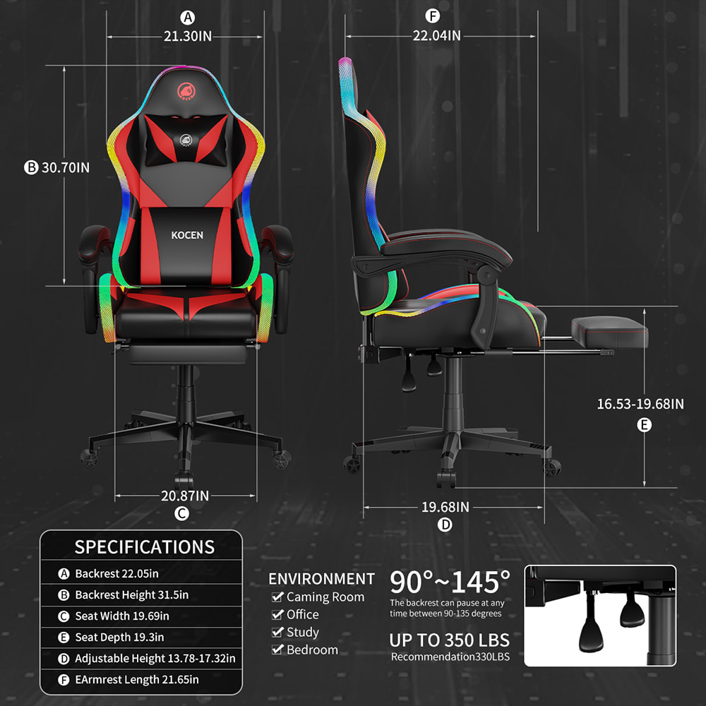 PU bőrszövet játékszék, Esports szék több színben állítható RGB világítással, USB tápellátás, távirányító